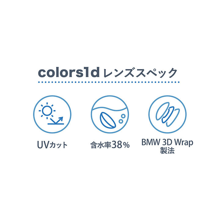 カラーズワンデー(colors1d),レンズスペック,UVカット,含水率38%,BMW 3D Wrap製法|カラーズワンデー colors1d カラコン カラーコンタクト