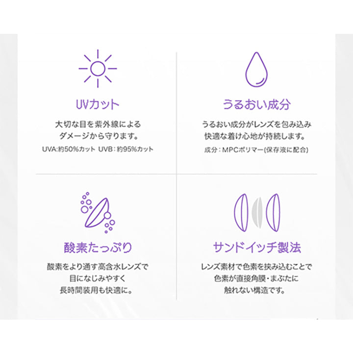 UVカット 大切な目を紫外線によるダメージから守ります。UVA約50%カット UVB約95%カット, うるおい成分 うるおい成分がレンズを包み込み快適なつけ心地が持続します。成分 MPCポリマー(保存駅に配合), 酸素たっぷり 酸素をより通す高含水レンズで目に馴染みやすく長時間装用も快適に。, サンドイッチ製法　レンズ素材で色素を挟み込むことで色素が直接角膜・まぶたに触れない構造です。| リアリア RIARIA 1day カラコン カラーコンタクト
