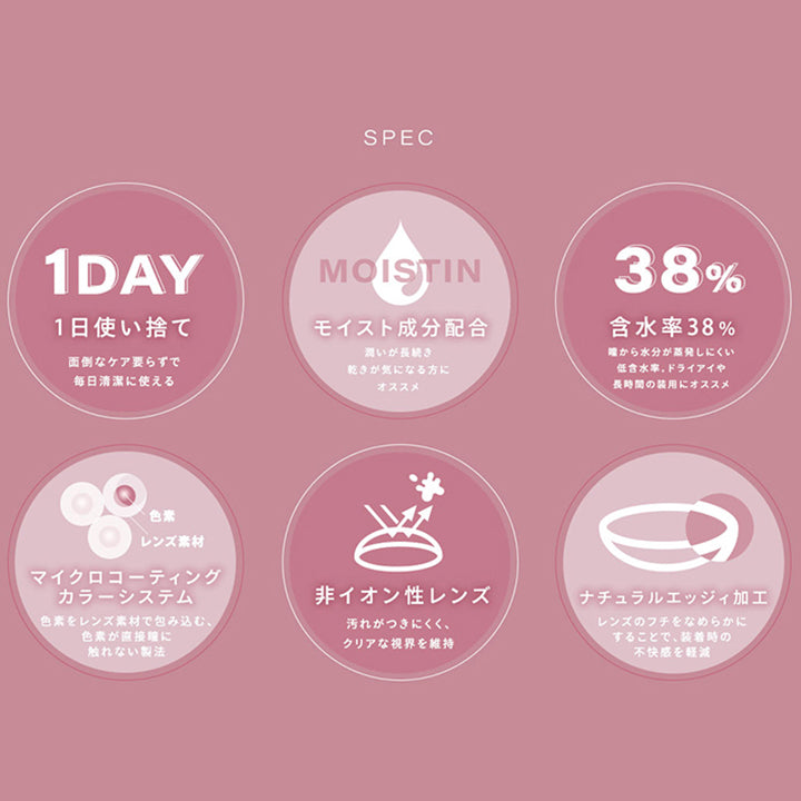 ※眼科医の処方に従って、適切な度数をお買い求めください。, Spec, 1日使い捨て：面倒なケア要らずで毎日清潔に使える, モイスト成分配合：うるおいが長続き。乾きが気になる方におすすめ, 含水率38%：瞳から水分が蒸発しにくい低含水率。ドライアイや長時間の装用におすすめ, マイクロコーティングカラーシステム：色素をレンズ素材で包み込む、色素が直接瞳に触れない製法, 非イオン性レンズ：汚れが付きにくく、クリアな視界を維持, ナチュラルエッジィ加工：レンズのフチをなめらかにすることで、装着時の不快感を軽減 | シャルトンワンデー Charton 1DAY カラコン カラーコンタクト

