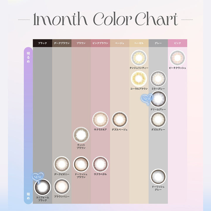 モラクワンマンス(MOLAK 1month),1month Color Chart,明るめ,暗め,ブラック,ダークブラウン,ブラウン,ピンクブラウン,ベージュ,ヘーゼル,グレー,ピンク|モラクワンマンス MOLAK 1month カラコン カラーコンタクト