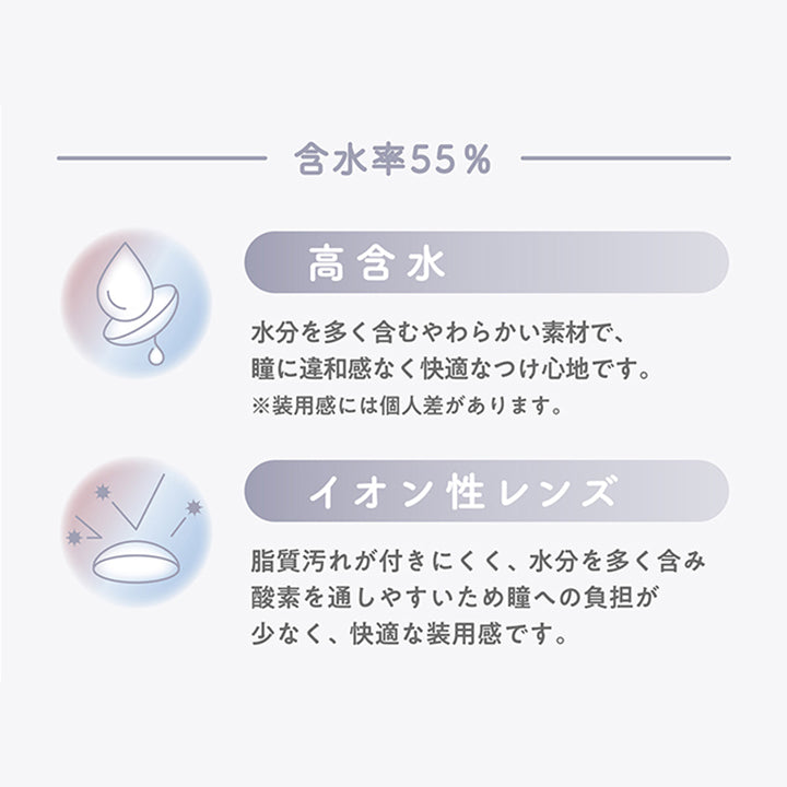 含水率55%：高含水 水分を多く含むやわらかい素材で、瞳に違和感なく快適なつけ心地です。※装用感には個人差があります。, イオン性レンズ：脂質汚れが付きにくく、水分を多く含み酸素を通しやすいため瞳への負担が少なく、快適な装用感です。 | ミレディ melady 1day カラコン カラーコンタクト
