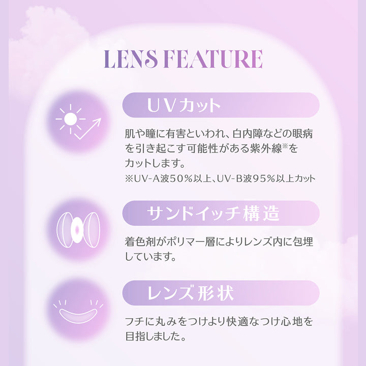 Lens Feature,UVカット：肌や瞳に有害といわれ、白内障などの眼病を引き起こす可能性がある紫外線をカットします。※UV-A波50%以上、UV-B波95%以上カット,サンドイッチ構造：着色剤がポリマー層によりレンズ内に包埋しています。,レンズ形状：フチに丸みをつけより快適なつけ心地を目指しました。 | ミレディ melady 1day カラコン カラーコンタクト
