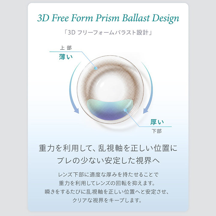 3D Free Form Prism Ballast Design,「3D フリーフォームバラスト設計」,上部,薄い,厚い,下部,重力を利用して、乱視軸を正しい位置に,ブレの少ない安定した視界へ,レンズ下部に適度な厚みを持たせることで,重力を利用してレンズの回転を抑えます。,瞬きをするたびに乱視軸を正しい位置へと安定させ、,クリアな視界をキープします。|ハイディトーリック(HAIDEY TORIC) 1day カラコン カラーコンタクト