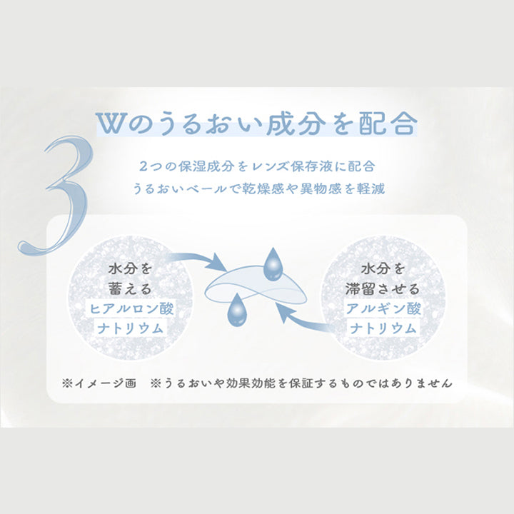 Wのうるおい成分を配合：2つの保湿成分をレンズ保存液に配合。うるおいベールで乾燥感や異物感を軽減 | 超十代リフレア ラー Laa 1day カラコン カラーコンタクト
