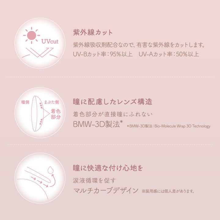レンズスペック(Lens Spec2),紫外線カット：紫外線吸収剤配合なので、有害な紫外線をカットします。,瞳に配慮したレンズ構造：着色部分が直接瞳に触れないBMW-3D製法,瞳に快適なつけごこちを：涙液循環をうながすマルチカーブデザイン,※目の調子や体調が悪い場合は、無理に使用しないでください。※目の乾き、装用感には個人差があります。 | アイジェニックバイエバーカラー Eyegenic by EverColor 1month カラコン カラーコンタクト
