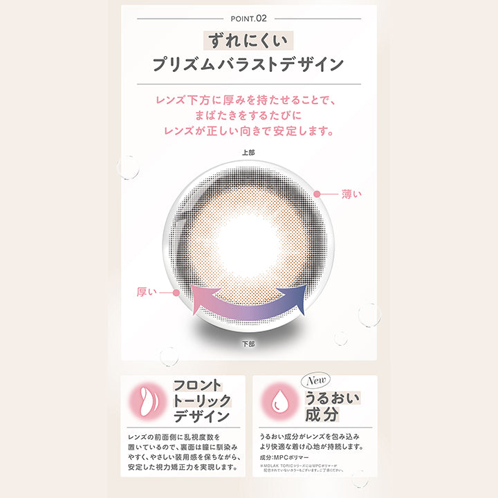 (トーリック特徴),Point 02 ずれにくいプリズムバラストデザイン：レンズ下方に厚みを持たせることで、まばたきをするたびにレンズが正しい向きで安定します。,Point 02 フロントトーリックデザイン：レンズの前面側に乱視度数を置いているので、裏面は瞳に馴染みやすく、やさしい装用感を保ちながら安定した視力矯正力を実現します。,Point 04 うるおい成分：うるおい成分がレンズを包み込み、より快適な着け心地が持続します。※成分：MPCポリマー※モラクトーリックシリーズにはMPCポリマーが配合されていないカラーもございます。ご了承ください。 | モラクトーリック Molak toric 1day 乱視用カラコン カラーコンタクト
