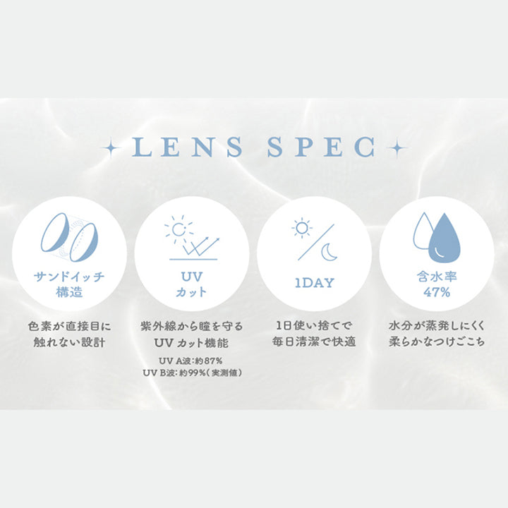 レンズスペック,サンドイッチ構造 UVカット 1day 含水率47% | 超十代リフレア ラー Laa 1day カラコン カラーコンタクト
