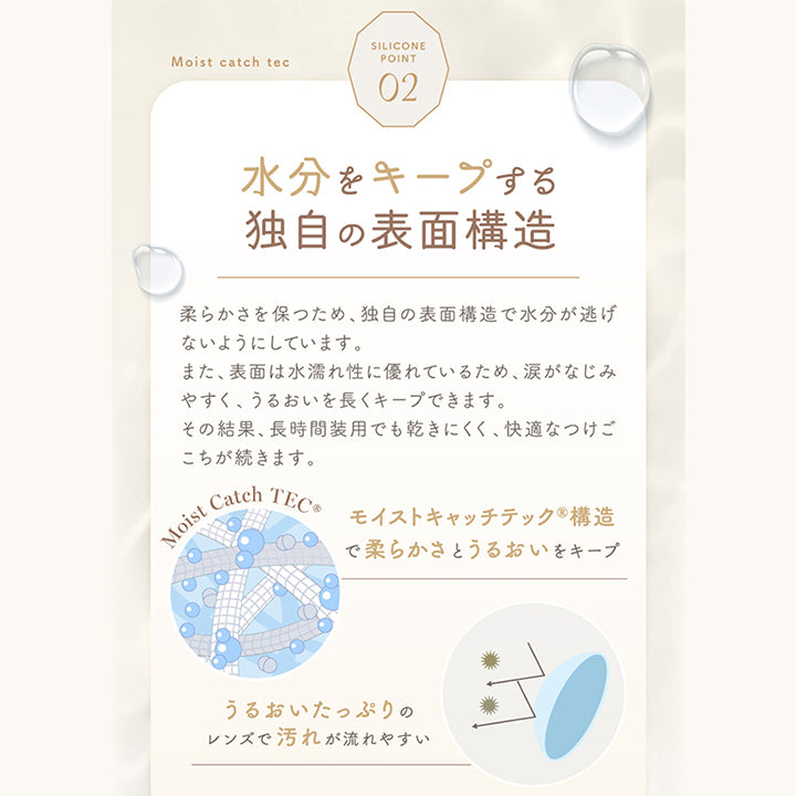 特徴2,水分をキープする独自の表面構造,柔らかさを保つため、独自の表面構造で水分が逃げないようにしています。また、表面は水濡れ性に優れているため、涙がなじみやすく、うるおいを長くキープできます。その結果、長時間装用でも乾きにくく、快適なつけごこちが続きます。,モイストキャッチテック®構造で柔らかさとうるおいをキープ。うるおいたっぷりのレンズで汚れが流れやすい。 | アンローラ Unrolla 1day refrear カラコン カラーコンタクト
