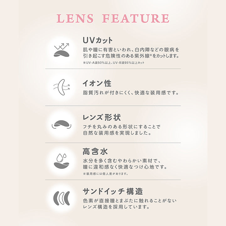 (スペック),Lens Feature,UVカット：肌や瞳に有害といわれ、白内障などの眼病を,引き起こす危険性のある紫外線※をカットします。※UV-A波50%以上、UV-B波95%以上カット,イオン性：脂質汚れが付きにくく、快適な装用感です。,レンズ形状：フチを丸みのある形状にすることで自然な装用感を実現しました。,高含水：水分を多く含むやわらかい素材で、瞳に違和感なく快適なつけ心地です。※装用感には個人差があります。,サンドイッチ構造：色素が直接瞳とまぶたに触れることがないレンズ構造を採用しています。 | モラクトーリック Molak toric 1day 乱視用カラコン カラーコンタクト
