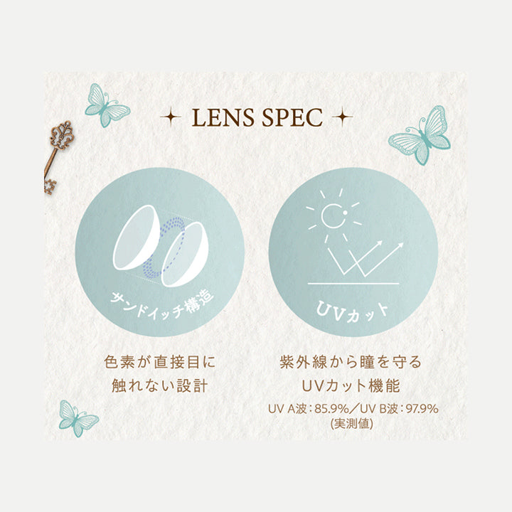 (レンズスペック04),サンドイッチ構造：色素が直接瞳に触れない設計,UVカット：紫外線から瞳を守るUVカット機能※UV-A 85.9% UV-B 97.9%(実測値) | ワンデーリフレアシエルメイ 1DAY Refrear Cielumei カラコン カラーコンタクト
