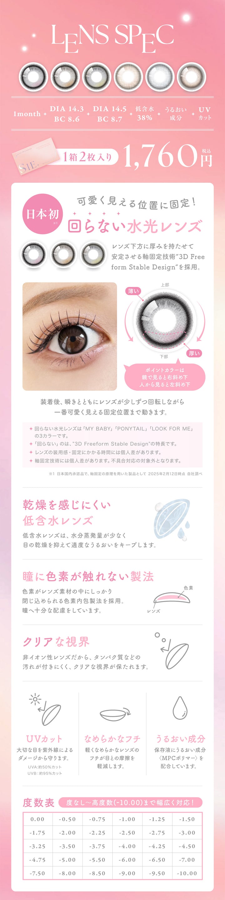 シーワンマンス(SIE.1month),LENS SPEC,1month,DIA 14.3,DIA 14.5,低含水38%,うるおい成分,BC 8.6,BC 8.7,UVカット,1箱2枚入り,1,760円,税込,日本初,可愛く見える位置に固定!,回らない水光レンズ,レンズ下方に厚みを持たせて安定させる軸固定技術 