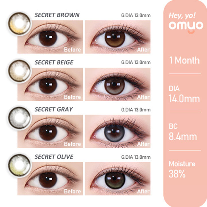 Hey yo!SERIES,Secret Brown(シークレットブラウン),Secret Beige(シークレットベージュ),Secret Gray(シークレットグレー),Secret Olive(シークレットオリーブ)の装用写真,1MONTH,DIA14.0mm,G,DIA13.0mm,BC8.4mm,カラコン,カラーコンタクト