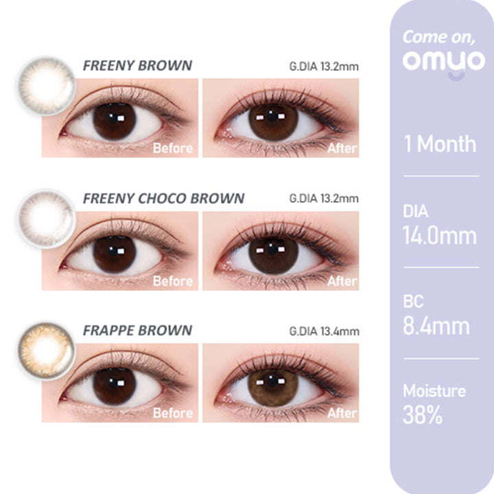 Come on!SERIES,Freeny Brown(フリーニーブラウン),Freeny Choco Brown(フリーニーチョコブラウン),Frappe Brown(フラッペーブラウン)の装用写真,1MONTH,DIA14.0mm,G,DIA13.0mm,BC8.4mm,カラコン,カラーコンタクト