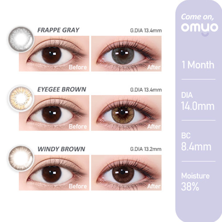 Come on!SERIES,Frappe Gray(フラッペーグレー),Frappe Brown(フラッペーブラウン),Windy Brown(ウェンディ―ブラウン)の装用写真,1MONTH,DIA14.0mm,G,DIA13.0mm,BC8.4mm,カラコン,カラーコンタクト