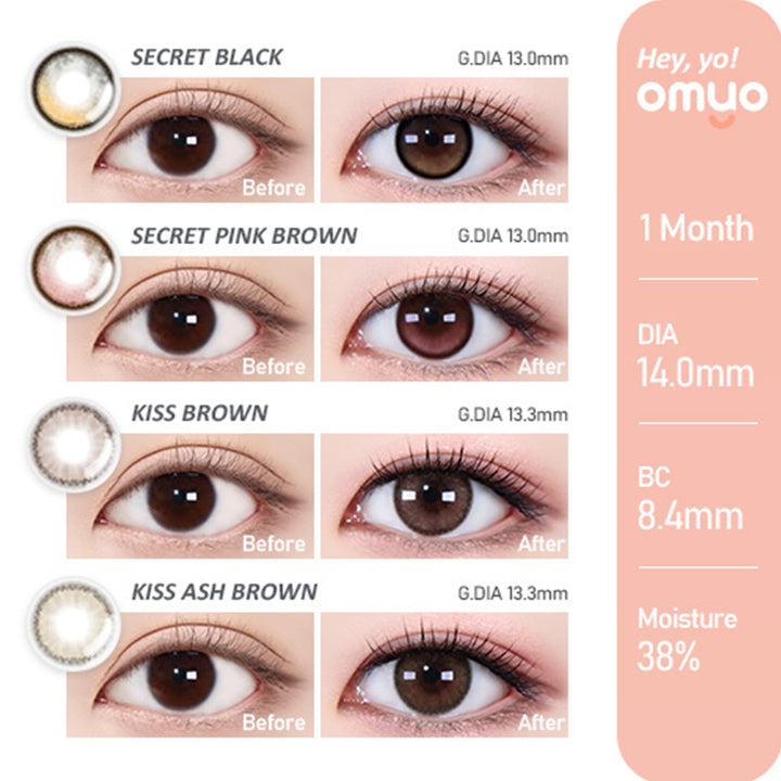Hey yo!SERIES,Secret Black(シークレットブラック),Secret Pink Brown(シークレットピンクブラウン),Kiss Brown(キスブラウン),Kiss Ash Brown(キスアッシュブラウン)の装用写真,1MONTH,DIA14.0mm,G,DIA13.0mm,BC8.4mm,カラコン,カラーコンタクト