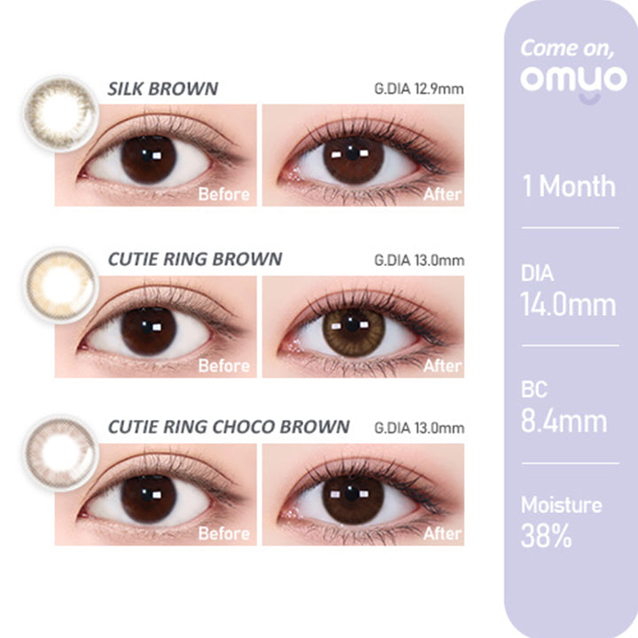 Come on!SERIES,Silk Brown(シルクブラウン),Cutie Ring Brown(キューティーリングブラウン),Cutie Ring Choco Brown(キューティーリングチョコブラウン)の装用写真,1MONTH,DIA14.0mm,G,DIA13.0mm,BC8.4mm,カラコン,カラーコンタクト