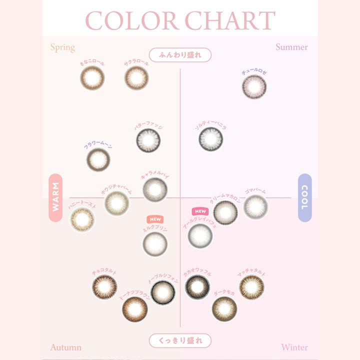 COLOR CHART,Spring,Summer,ふんわり盛れ,きなこロール,サクラロール,チュールロゼ,WARM,フラワームーン,ハニートースト,キャラメルパイ,NEW,ミルクプリン,NEW,クリームマカロン,ゴマバーム,チョコタルト,カカオワッフル,メープルシフォン,マッチャタルト,ドーナツブラウン,ダークモカ,くっきり盛れ,Autumn,Winter,COOL
