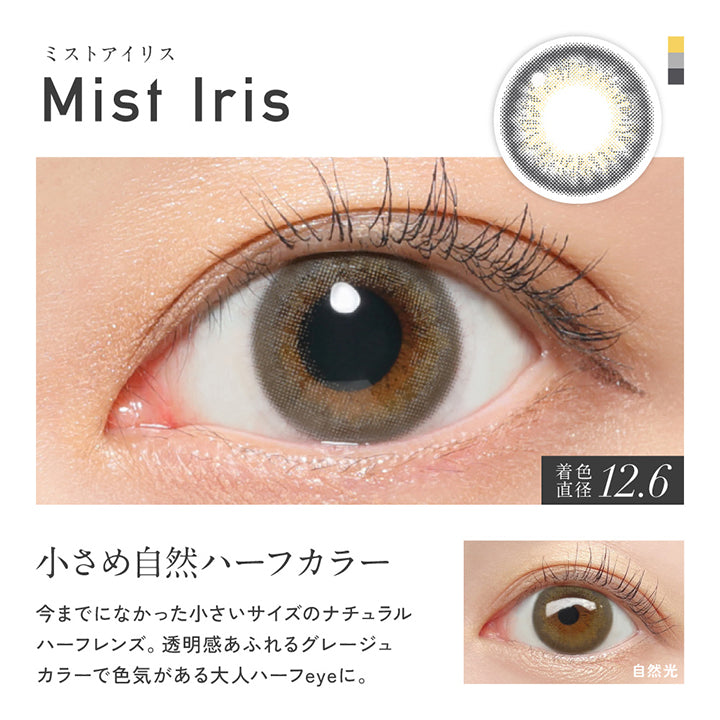 ミストアイリス(Mist Iris), 着色直径12.6mm, 小さめ自然ハーフカラー, 今までになかった小さいサイズのナチュラルハーフレンズ。透明感あふれるグレージュカラーで色気がある大人ハーフeyeに。, 装用比較 | レヴィア ワンデー カラー ReVIA 1DAY COLOR カラコン カラーコンタクト