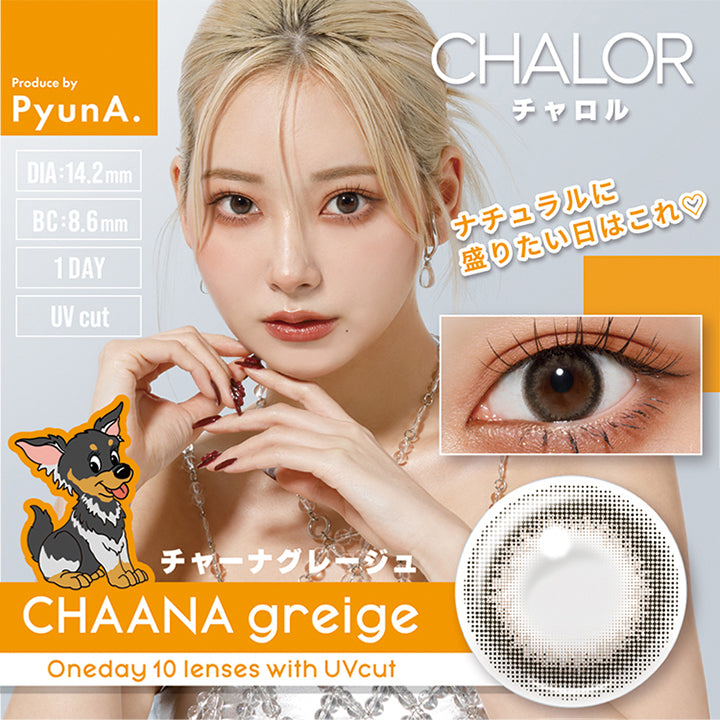 チャーナグレージュ(Chaana greige),チャロル(Chalor),1day,1箱10枚入り,DIA14.2mm,着色直径13.5mm,BC8.6mm,含水率38.0%,ナチュラルに盛りたい日はこれ♡,oneday 10 lenses with UVcut. | チャロル Chalor 1day カラコン カラーコンタクト
