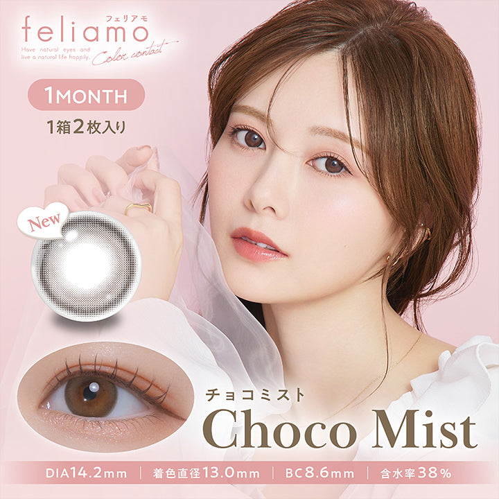 フェリアモワンマンス(feliamo 1month),チョコミスト(Choco Mist),New,1month,1箱2枚入り,DIA14.2mm,着色直径13.0mm,BC8.6mm,含水率38.0%, | フェリアモワンマンス feliamo 1month Monthly カラコン カラーコンタクト
