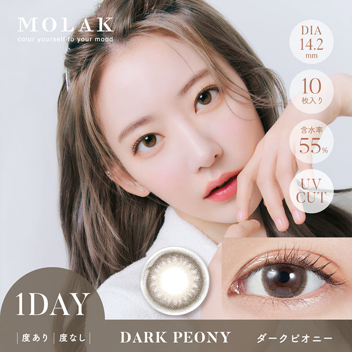 モラクワンデー(MOLAK 1day),Dark Peony,ダークピオニー,くすみダークブラウンカラーに、くりっとﾌﾁの絶妙バランス。シーンを選ばず使いやすい、ほろあまナチュラルレンズ,DIA14.2mm,着色直径13.6mm,BC8.6mm|モラクワンデー MOLAK 1day カラコン カラーコンタクト
