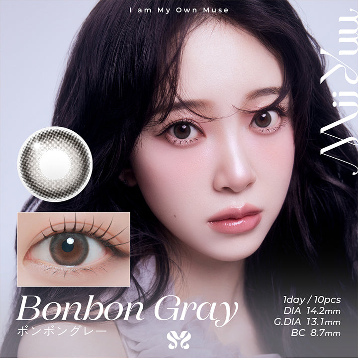 Bonbon Gray,ボンボングレー,DIA 14.2 mm / G.DIA 13.1 mm / BC 8.7 mm,やわらかなベールをまとったどこか儚げなグレー | ミィーユ Mii Yuu 1day カラコン カラーコンタクト
