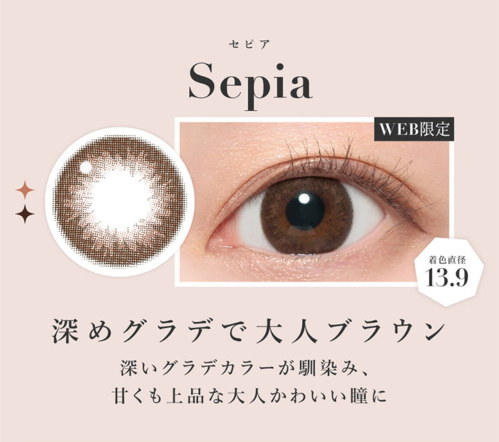 セピア, Sepia, 深めグラデで大人ブラウン, 深いグラデカラーが馴染み、甘くも上品な大人可愛い瞳に, Web限定, 着色直径13.9 | シークレットキャンディーマジックワンマンス SECRET CANDYMAGIC 1month 度なし カラコン カラーコンタクト
