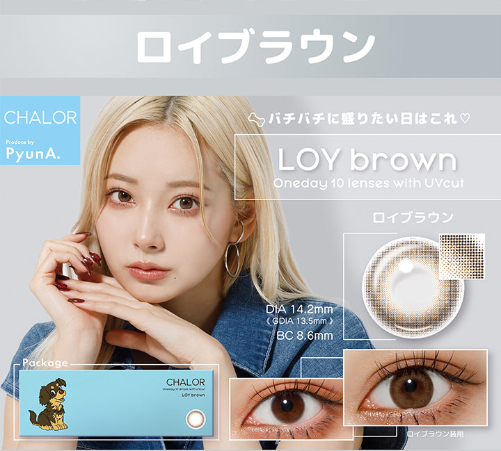 ロイブラウン(Loy brown),チャロル(Chalor),1day,1箱10枚入り,DIA14.2mm,着色直径13.5mm,BC8.6mm,含水率38.0%,バチバチにッ盛りたい日はこれ♡,oneday 10 lenses with UVcut.パッケージ画像,装用画像 | チャロル Chalor 1day カラコン カラーコンタクト
