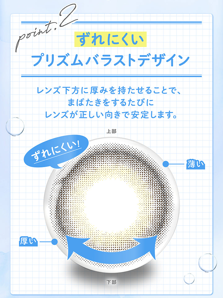 (商品特徴2)Point2 ずれにくいプリズムバラストデザイン,レンズ下方に厚みを持たせることで、まばたきをするたびにレンズが正しい向きで安定します。 | フェリアモトーリック feliamo Toric 1day カラコン カラーコンタクト
