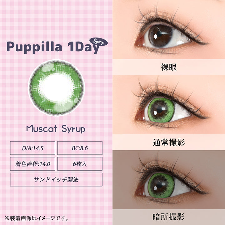 パピーラワンデーシロップ(Puppilla 1Day Syrup),マスカットシロップ(muscat syrup),DIA14.5mm,BC8.6mm,着色直径14.0mm,6枚入り,サンドイッチ製法,裸眼 / 通常撮影 / 暗所撮影,※装着画像はイメージです。| パピーラワンデーシロップ Puppilla 1Day Syrup カラコン カラーコンタクト
