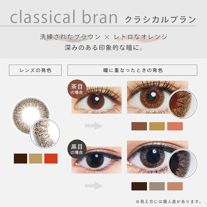 classical bran(クラシカルブラン)のレンズの発色と、茶目・黒目それぞれの瞳に重なったときの比較|ファッショニスタ(Fashionista)ワンデーコンタクトレンズ