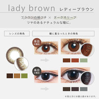 lady brown(レディーブラウン)のレンズの発色と、茶目・黒目それぞれの瞳に重なったときの比較|ファッショニスタ(Fashionista)ワンデーコンタクトレンズ