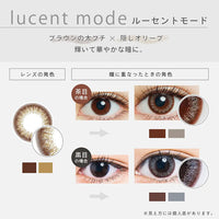 lucent mode(ルーセントモード)のレンズの発色と、茶目・黒目それぞれの瞳に重なったときの比較|ファッショニスタ(Fashionista)ワンデーコンタクトレンズ