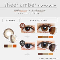 sheer amber(シアーアンバー)のレンズの発色と、茶目・黒目それぞれの瞳に重なったときの比較|ファッショニスタ(Fashionista)ワンデーコンタクトレンズ